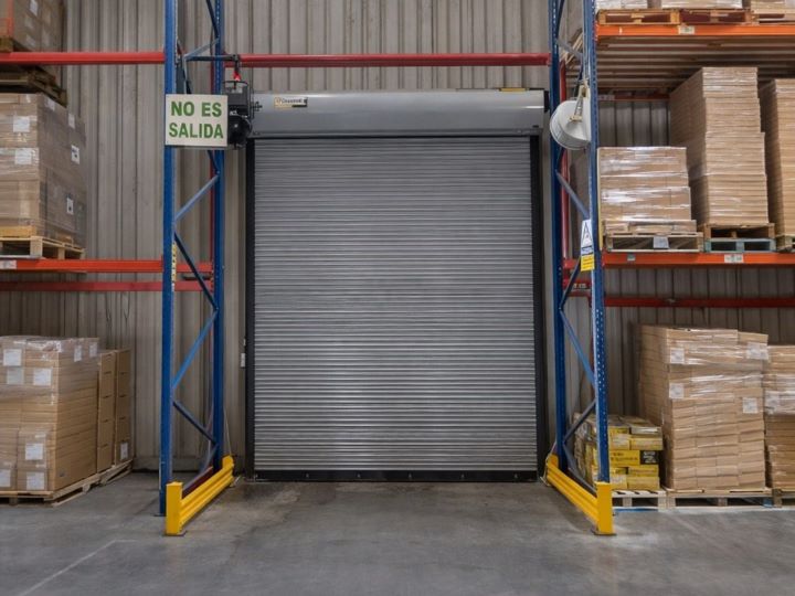 Puerta enrollable cortafuego instalada en interior de almacén con estanterías y pallets, fabricada en acero galvanizado con sistema de pintura que mejora la durabilidad y protección frente a condiciones operativas.