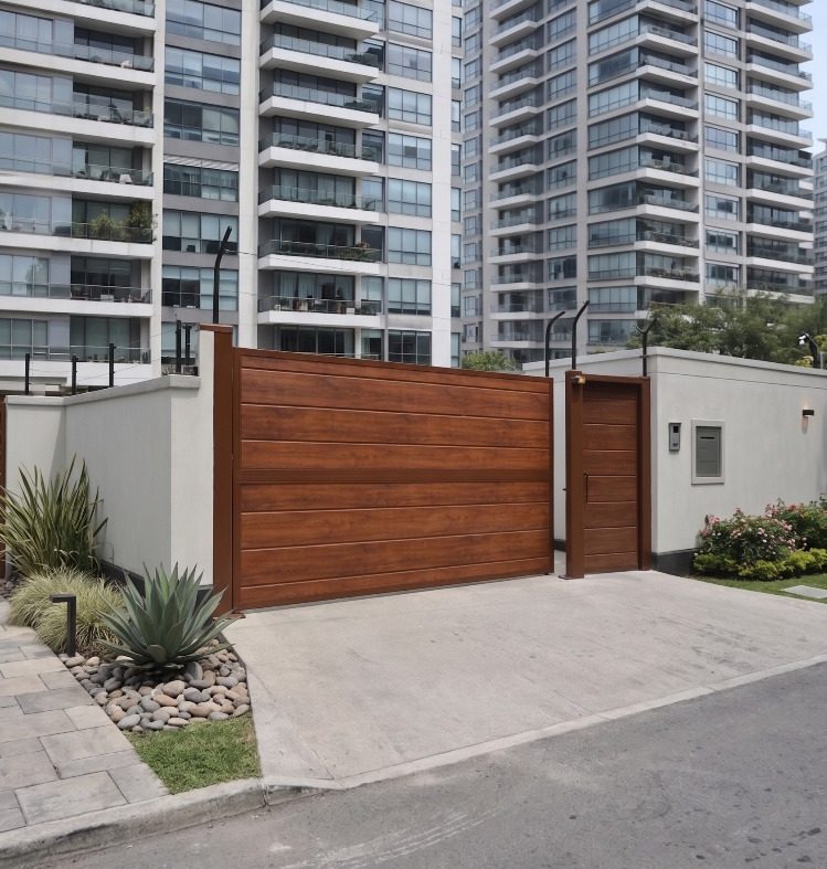 Puerta batiente de garaje con acabado imitación madera instalada en vivienda con entorno urbano, fabricada con paneles de acero galvanizado y núcleo de poliuretano, disponible en colores RAL y acabados decorativos.