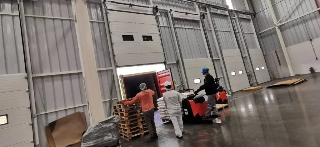 Puertas seccionales industriales en color blanco instaladas en almacén con movimiento de pallets, diseñadas para cierre confiable en operaciones logísticas y equipadas con sistema compensado por resortes de torsión para alto número de ciclos.